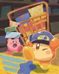  :o blue_eyes blue_headwear blush_stickers box_stack brown_eyes cart colored_skin commentary_request hands_on_headwear hat highres indoors kirby kirby_(series) kirby_and_the_forgotten_land leg_up miclot no_humans no_mouth one_eye_closed open_mouth orange_skin pink_skin red_footwear shadow shelf shoes shooting_star_(symbol) waddle_dee yellow_footwear 