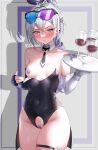  1girl absurdres alcohol bandaid bandaid_on_pussy bandaids_on_nipples black_leotard blush breasts clothes_lift cup detached_collar drinking_glass goggles grey_eyes grey_hair highres holding holding_tray honkai:_star_rail honkai_(series) leotard looking_at_viewer necktie pasties playboy_bunny ponytail pussy_cutout rikihana_momo silver_wolf_(honkai:_star_rail) solo thigh_strap tray wine wine_glass 