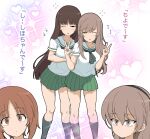  4girls black_headband blank_stare blunt_bangs brown_eyes brown_hair chestnut_mouth commentary dot_mouth double_v girls_und_panzer green_neckerchief green_skirt hair_between_eyes headband heart heart_background henyaan_(oreizm) highres leaning_on_person light_brown_hair long_hair multiple_girls neckerchief nishizumi_miho nishizumi_shiho one_eye_closed ooarai_school_uniform parted_bangs pleated_skirt sailor_collar school_uniform serafuku shimada_arisu shimada_chiyo short_hair skirt sparkle_background speech_bubble straight_hair surprised triangle_mouth v white_sailor_collar wide-eyed 
