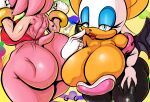  absurd_res amy_rose anthro bat between_breasts big_breasts big_butt bottomless breasts butt cleavage clothed clothing eulipotyphlan female generalgodzilla hedgehog hi_res huge_breasts huge_butt larger_female mammal micro miles_prower rouge_the_bat sega size_difference sonic_the_hedgehog sonic_the_hedgehog_(series) thick_thighs 