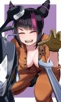  1girl black_hair blush breasts closed_eyes diagonal_bangs gloves hair_horns han_juri hassaku_tg highres jumpsuit medium_breasts medium_hair motor_vehicle motorcycle open_mouth orange_jumpsuit reaching reaching_towards_viewer single_glove street_fighter street_fighter_6 unbuttoned wrench 