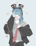  1girl absurdres animal_ears arrow_(projectile) black_jacket black_pants blue_eyes blue_hair choppy_bangs collared_shirt covering_one_eye cowboy_shot english_text fake_animal_ears grey_background grey_shirt hand_on_own_face highres jacket long_bangs long_hair long_sleeves looking_at_viewer mask mouse_ears mouth_mask necktie no_pupils nocopyrightgirl off_shoulder original pale_skin pants red_necktie shirt sidelocks simple_background solo 