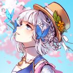  1girl aisnow bangs blue_eyes blue_hair blunt_bangs braid bug butterfly butterfly_hair_ornament collar commentary flower genshin_impact hair_flower hair_ornament hair_up hat hat_flower hat_ribbon high_collar kamisato_ayaka kamisato_ayaka_(springbloom_missive) light_blue_hair light_smile mole mole_under_eye official_alternate_costume official_alternate_hairstyle parted_lips portrait ribbon smile solo white_collar white_ribbon 