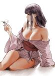  1girl absurdres bare_shoulders bird bird_on_hand breasts chroong cleavage genshin_impact highres japanese_clothes kimono large_breasts long_hair long_sleeves obi off_shoulder profile purple_eyes purple_hair purple_kimono raiden_shogun sash sidelocks simple_background sitting solo white_background wide_sleeves 