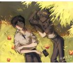  2boys brown_eyes brown_hair brown_pants collarbone collared_shirt dated denim digital_media_player earbuds earphones field flower flower_field grass hair_over_one_eye hand_on_own_arm hand_on_own_head highres ikari_shinji ipod jeans komatsu2536 listening_to_music looking_at_another lying multiple_boys nagisa_kaworu neon_genesis_evangelion on_back on_side open_mouth orange_flower outdoors pants pocket red_eyes shadow shirt short_hair short_sleeves signature smile tree white_hair white_shirt yaoi 