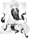  1girl 2023 ass ass_visible_through_thighs black_dress blush breasts cloud cloudy_sky curly_hair dress high_heels highres leg_lift leg_up looking_at_viewer micro_panties mogudan monochrome one-punch_man panties partially_visible_vulva pelvic_curtain rock short_hair sitting sky small_breasts solo spread_legs tatsumaki thick_thighs thighs thong underwear white_panties wide_hips 