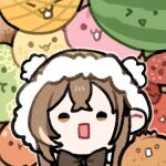  1girl :3 brown_hair capelet cherry clipe food fruit hololive hololive_english hood lowres melon nanashi_mumei orange_(fruit) peach pear pineapple solo square_mouth strawberry suika_game triangle_mouth virtual_youtuber watermelon 