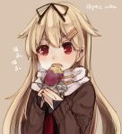  1girl eating fang food hair_flaps hair_ornament hair_ribbon hairclip jacket kantai_collection red_eyes ribbon sweet_potato yuudachi_(kancolle) 