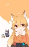  2girls animal_ears black_bow black_bowtie black_necktie black_pantyhose blue_jacket bow bowtie box brown_fur brown_gloves cardboard_box extra_ears ezo_red_fox_(kemono_friends) fox_ears fox_girl fox_tail fur_trim gloves grey_hair grey_skirt hair_between_eyes highres jacket japari_symbol kemono_friends kneeling long_hair long_sleeves looking_at_viewer lucky_beast_(kemono_friends) multicolored_hair multiple_girls n_linnex7 necktie nintendo_switch orange_eyes orange_hair orange_jacket orange_necktie pantyhose pleated_skirt shirt sidelocks silver_fox_(kemono_friends) skirt speech_bubble tail translation_request white_bow white_bowtie white_shirt 