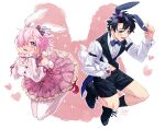 1boy 1girl absurdres alternate_costume amami_tokko animal_ears black_footwear black_hair black_shorts black_socks black_vest blue_bow blue_bowtie blue_eyes blush bow bowtie collared_shirt commentary_request creature detached_sleeves dress fake_animal_ears fate/grand_order fate_(series) fou_(fate) frilled_dress frills fujimaru_ritsuka_(male) hair_over_one_eye highres holding holding_creature long_sleeves looking_at_viewer mash_kyrielight one_eye_covered pantyhose pink_dress pink_hair purple_eyes rabbit_ears red_footwear shirt shoes short_hair shorts smile socks two-tone_dress vest white_dress white_pantyhose white_shirt 