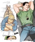  2boys bara bed belt black_hair blonde_hair blue_pants blue_shirt book brown_belt brown_pants chibi chris_redfield closed_eyes closed_mouth eyewear_removed green_shirt kiss kissing_cheek leon_s._kennedy lying male_focus multiple_boys muscular muscular_male on_back on_bed on_stomach open_book pants pillow resident_evil resident_evil_1 shirt short_hair sleeping sunglasses tatsumi_(psmhbpiuczn) translation_request yaoi 