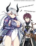  1boy 1girl armor breasts cleavage covered_navel dragon_horns english_text epic_seven goggles highres horns line4x looking_at_another luna_(epic_seven) white_background 