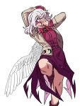  absurdres blush bow bowtie covering_face covering_mouth dress eddybird55555 feathered_wings hand_on_own_face highres jacket kishin_sagume open_clothes open_jacket pink_eyes purple_dress purple_footwear red_bow red_bowtie single_wing standing standing_on_one_leg touhou white_hair white_wings wings 