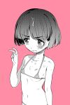  1girl aomushi_(mushamusha) bikini black_eyes black_hair blunt_bangs blunt_ends bob_cut cum cum_on_body flat_chest girls_und_panzer hand_up highres looking_to_the_side micro_bikini monochrome pink_background shaking simple_background skinny sono_midoriko standing sweat swimsuit tearing_up v 