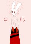  5_fingers anthro biped bottomwear character_name clothed clothing digital_media_(artwork) female fingers hi_res humanoid_hands lagomorph leporid long_ears mammal mouthless noseless pink_background rabbit rantarei red_eyes ruby_(rq) ruby_quest shirt simple_background skirt solo topwear white_body 