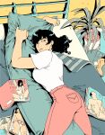  1girl ;( bed bed_sheet black_hair body_pillow choo dithering ear_piercing feet_out_of_frame flower flower_pot highres holding holding_pillow indoors looking_away lying magazine_(object) medium_hair on_bed original pants piercing pillow pink_pants shirt signature solo white_shirt 
