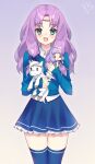  1girl :d alternate_costume blue_shirt blue_skirt blue_thighhighs character_doll circlet commission cowboy_shot doll fire_emblem fire_emblem:_the_blazing_blade florina_(fire_emblem) green_eyes highres holding holding_doll holding_stuffed_toy long_hair long_sleeves looking_at_viewer open_mouth parted_bangs pegasus purple_hair shirt skirt smile solo stuffed_animal stuffed_toy thighhighs watashishi zettai_ryouiki 