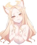  1girl animal_ears bare_shoulders blonde_hair blue_archive blush breasts breasts_squeezed_together bright_pupils collarbone commentary completely_nude flower flower_wreath forehead fox_ears fox_girl hair_flower hair_ornament halo hands_on_own_breasts head_tilt highres long_hair looking_at_viewer navel nude orange_eyes parted_bangs parted_lips seia_(blue_archive) sidelocks simple_background small_breasts stomach upper_body utyuueituu very_long_hair wavy_hair white_background white_pupils 