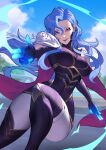  1girl black_unitard blue_eyes blue_hair bodysuit breasts cape closed_mouth estelle_(omega_strikers) highres leotard long_hair medium_breasts mole mole_under_eye omega_strikers phamoz pointing pointing_at_viewer sky smile solo 