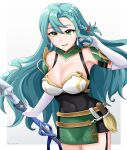  1girl absurdres aqua_hair armor bare_shoulders bow braid breasts chloe_(fire_emblem) commentary covered_navel cowboy_shot earrings elbow_gloves fire_emblem fire_emblem_engage garter_straps gloves green_eyes grin hair_between_eyes hair_bow highres holding holding_polearm holding_weapon jewelry large_breasts long_hair looking_at_viewer polearm red_bow shoulder_armor smile solo spear standing thighs thunder&#039;s_fist very_long_hair weapon white_gloves 