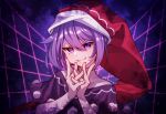  1girl artist_name doremy_sweet evil_grin evil_smile grid grin hair_between_eyes hat interlocked_fingers looking_at_viewer nightcap pom_pom_(clothes) portrait purple_eyes purple_hair red_headwear short_hair smile solo tojorin touhou 