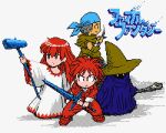  1girl 1other 2boys bandana black_mage black_mage_(fft) blue_bandana blue_robe copyright_name dithering fighter_(final_fantasy_i) final_fantasy final_fantasy_i glowing glowing_eyes hat holding holding_knife holding_sword holding_wand holding_weapon knife limited_palette long_hair looking_at_viewer multiple_boys no_nose pixel_art protonozawa red_hair robe spiked_hair standing sword thief_(final_fantasy) wand weapon white_mage white_mage_(fft) white_robe witch_hat yellow_headwear 