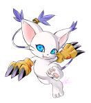  1other animal_ears blue_eyes cat_ears claws digimon digimon_(creature) full_body gizamond gloves highres holy_ring jewelry looking_at_viewer no_humans open_mouth ring signature simple_background solo tail tailmon white_background 