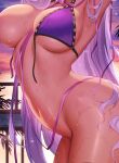  1girl arched_back armpits ass bb_(fate) bb_(swimsuit_mooncancer)_(fate) bikini bikini_top_only breasts cleavage dark-skinned_female dark_skin faceless fate/extra fate/extra_ccc fate/grand_order fate_(series) groin huge_ass large_breasts long_hair m-da_s-tarou navel out-of-frame_censoring purple_bikini purple_hair sideboob stomach swimsuit tan thighs torso_only untied_bikini very_long_hair wet wide_hips 
