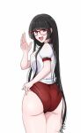  1girl ass black_hair breasts buruma glasses gym_shirt gym_shorts gym_uniform highres long_hair looking_at_viewer original osage_gankyou red-framed_eyewear shirt shorts smile solo tagme 