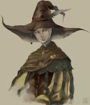  1boy brown_cloak brown_headwear cloak elden_ring grey_eyes hat hat_feather highres kelvin_ricardo large_hat looking_to_the_side ornate_clothes sorcerer_rogier wide_brim wizard wizard_hat 