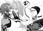  animal_ears blush breasts cleavage couple fake_animal_ears fake_tail fingerless_gloves gloves greyscale hetero honkai:_star_rail honkai_(series) luka_(honkai:_star_rail) monochrome rabbit_ears rabbit_girl rabbit_tail short_hair shorts skindentation smile stelle_(honkai:_star_rail) tail tank_top trailblazer_(honkai:_star_rail) yoridazo 