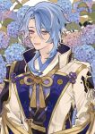  1boy armor black_vest blue_flower blue_hair collared_jacket eyelashes flower genshin_impact gold_trim hair_between_eyes hair_over_shoulder highres hydrangea jacket japanese_armor japanese_clothes kamisato_ayato kimono lapels long_sleeves looking_at_viewer male_focus medium_hair misu_025 mole mole_under_mouth open_clothes open_jacket parted_bangs parted_lips plant purple_eyes purple_flower rope shoulder_armor sidelocks smile sode solo tassel upper_body vest white_background white_jacket 