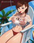  barleyshake bikini breasts brown_hair curvy helen_parr highres large_breasts lifeguard lifeguard_chair shirt swimsuit the_incredibles wet wet_clothes wet_shirt 