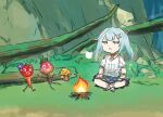  1girl aqua_eyes aqua_hair artist_name bonfire carrot chibi commentary dress faruzan_(genshin_impact) forest genshin_impact grass indian_style mushroom nature outdoors pout sitting symbol-only_commentary tree twintails xinzoruo 