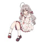  1girl aa211108 ahoge blush bow dress food_print grey_hair hair_bow hoshi_syoko huge_ahoge idolmaster idolmaster_cinderella_girls knees_up long_hair looking_at_viewer mary_janes mushroom_print petticoat red_footwear shoes simple_background socks solo twintails very_long_hair white_background white_dress white_socks 