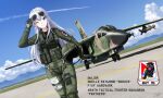  1girl aircraft airplane blue_eyes breasts day english_commentary eyewear_on_head f-111_aardvark feet_out_of_frame fighter_jet grey_hair helmet holding holding_helmet jet long_hair military_vehicle missile one_eye_closed original pilot smile solo sunglasses zero_(73ro) 