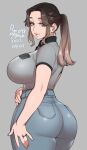  1girl agawa_ryou artist_name ass blue_pants breast_pocket breasts brown_eyes brown_hair closed_mouth collared_shirt commentary curvy dated denim english_commentary eyelashes grey_background grey_shirt hand_on_own_hip hand_on_own_thigh huge_ass huge_breasts impossible_clothes impossible_shirt jeans jewelry lips long_hair looking_at_viewer mature_female original pants pocket ponytail ring shirt short_sleeves sidelocks smile solo standing thick_thighs thighs tight tight_pants twisted_torso 