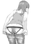  1girl camisole character_request clothes_pull commentary_request copyright_request fukushima_masayasu greyscale highres lace-trimmed_panties lace_trim leaning_forward long_hair looking_at_viewer looking_back monochrome panties pants pants_pull parted_lips simple_background solo spaghetti_strap underwear undressing 