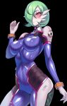  1girl arm_at_side armor black_background blue_bodysuit blush bob_cut bodysuit breasts closed_mouth colored_skin commentary cosplay covered_navel cowboy_shot d.va_(overwatch) d.va_(overwatch)_(cosplay) english_commentary facial_mark gardevoir green_hair hair_over_one_eye half-closed_eyes hand_up highres medium_breasts one_eye_covered overwatch pink_eyes pokemon pokemon_(creature) short_hair shoulder_armor simple_background skin_tight solo standing whisker_markings white_skin zwei_(saedelaere) 