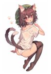  1girl animal_ear_fluff animal_ears ass black_thighhighs blush brown_hair cat_ears cat_tail chen earrings fang fingernails full_body green_headwear hair_between_eyes hat highres invisible_chair jewelry long_fingernails mob_cap multiple_tails nail_polish open_mouth panties qiu_ju red_eyes red_nails sharp_fingernails shirt short_hair short_sleeves simple_background single_earring sitting solo tail thighhighs touhou two_tails underwear white_background white_panties white_shirt 