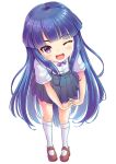  1girl ;d black_skirt blue_hair blunt_bangs blush bow bowtie brown_footwear chinese_commentary commentary_request eyelashes full_body furude_rika head_tilt highres higurashi_no_naku_koro_ni interlocked_fingers long_hair looking_at_viewer mary_janes miniskirt oku_no_ma one_eye_closed open_mouth own_hands_together partial_commentary pleated_skirt purple_bow purple_bowtie purple_eyes ringed_eyes shirt shoes short_sleeves sidelocks simple_background skirt smile socks solo standing straight_hair suspender_skirt suspenders upturned_eyes very_long_hair white_background white_shirt white_socks 