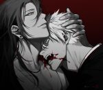  2boys blood blue_eyes collarbone ear_piercing fangs getou_suguru gojou_satoru gradient_background greyscale_with_colored_background hand_up highres jujutsu_kaisen long_hair looking_at_viewer male_focus multiple_boys open_mouth parted_lips piercing profile red_background short_hair smile spot_color yaoi zza_tang 