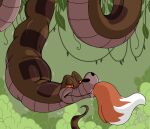  abdominal_bulge almost_fully_inside ambiguous_gender anthro bodily_fluids canid canine duo fox kaa_(jungle_book) male mammal oral_vore partially_inside plant reptile saliva scalie shrub sinscaliecringe_(artistdragon) snake swallowing the_jungle_book vines vore 
