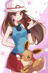  1girl aqua_shirt arm_behind_back black_wristband blush breasts brown_eyes brown_hair bucket_hat closed_mouth commentary_request eevee hair_flaps hand_up haru_(haruxxe) hat highres holding holding_poke_ball leaf_(pokemon) long_hair looking_at_viewer poke_ball poke_ball_(basic) pokemon pokemon_(creature) pokemon_(game) pokemon_frlg red_skirt shirt sidelocks skirt sleeveless sleeveless_shirt smile star_(symbol) white_headwear 
