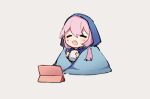  1girl :d =_= arknights blue_jacket blue_poison_(arknights) blush chibi closed_eyes commentary cup dailybloopy english_commentary grey_background hair_between_eyes holding holding_cup hood hood_up hooded_jacket jacket long_hair low_twintails open_mouth pink_hair sidelocks simple_background sitting smile solo tablet_pc twintails 