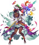 1girl alternate_costume balloon black_shorts breasts brown_hair candy_hair_ornament dark-skinned_female dark_skin fire_emblem fire_emblem_engage fire_emblem_heroes food-themed_hair_ornament full_body gradient_clothes hair_ornament highres holding holding_weapon jack-o&#039;-lantern long_hair long_sleeves medium_breasts midriff navel non-web_source official_alternate_costume official_art okada_manabi one_eye_closed parted_bangs polearm ponytail pumpkin red_eyes ribbon shiny_skin shoes shorts skirt solo spear star-shaped_pupils star_(symbol) stomach symbol-shaped_pupils teeth timerra_(fire_emblem) torn_clothes transparent_background upper_teeth_only weapon wide_sleeves 