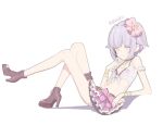  1girl bare_shoulders boots bow bracelet breasts cleavage commentary_request crop_top doremi full_body hair_bow heart heart_belt high_heel_boots high_heels idolmaster idolmaster_cinderella_girls jewelry korean_commentary koshimizu_sachiko legs looking_at_viewer miniskirt purple_hair shirt short_hair simple_background sitting skirt small_breasts smile solo thigh_strap tied_shirt white_background yellow_eyes 