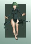  1girl absurdres artist_name black_background black_dress black_footwear breasts covered_navel dated dress full_body gogo_(gogo_23) green_hair grey_background highres long_sleeves one-punch_man short_hair small_breasts smile solo tatsumaki teeth translation_request 