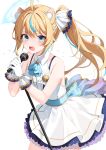  1girl ahoge animal_ear_fluff animal_ears bare_shoulders belt blonde_hair blue_eyes bra_strap collared_dress cowboy_shot dress gloves gold_trim halo highres holding indie_virtual_youtuber long_hair looking_at_viewer microphone microphone_stand multicolored_hair open_mouth shidou_lio side_ponytail simple_background sleeveless sleeveless_dress solo streaked_hair virtual_youtuber white_background white_dress white_gloves yon_(letter) 