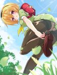  1girl 3105lave ass backpack bag bag_charm blonde_hair blurry blush brown_footwear charm_(object) cloud commentary_request day depth_of_field dress dutch_angle from_below full_body grass green_dress hair_between_eyes hairband highres higurashi_no_naku_koro_ni houjou_satoko leg_up loafers looking_at_viewer looking_back neckerchief open_mouth outdoors panties pantyhose petals pink_eyes purple_eyes randoseru sailor_collar school_bag school_uniform shoes short_hair short_sleeves skirt sky solo standing standing_on_one_leg thighband_pantyhose underwear white_panties yellow_neckerchief 